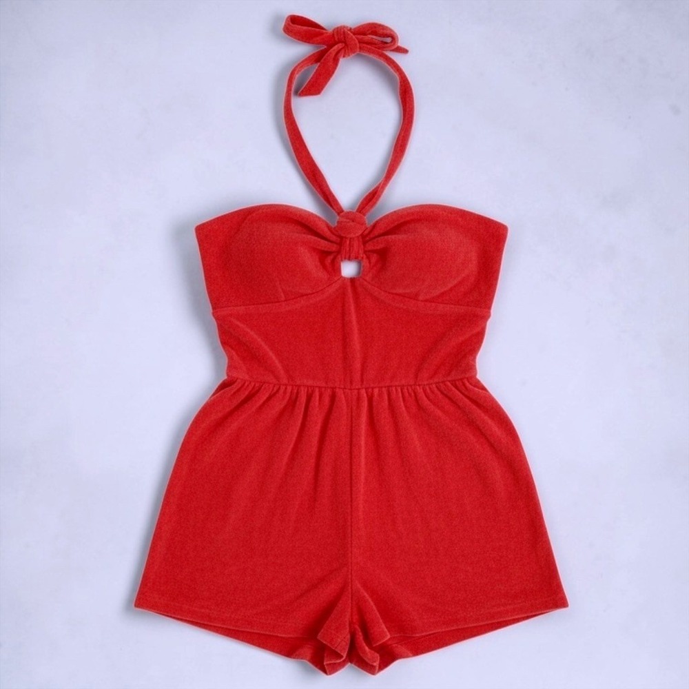 Wild Fable Red Terry Cloth Halter Romper XS Keyhole Sweetheart Neck NWT